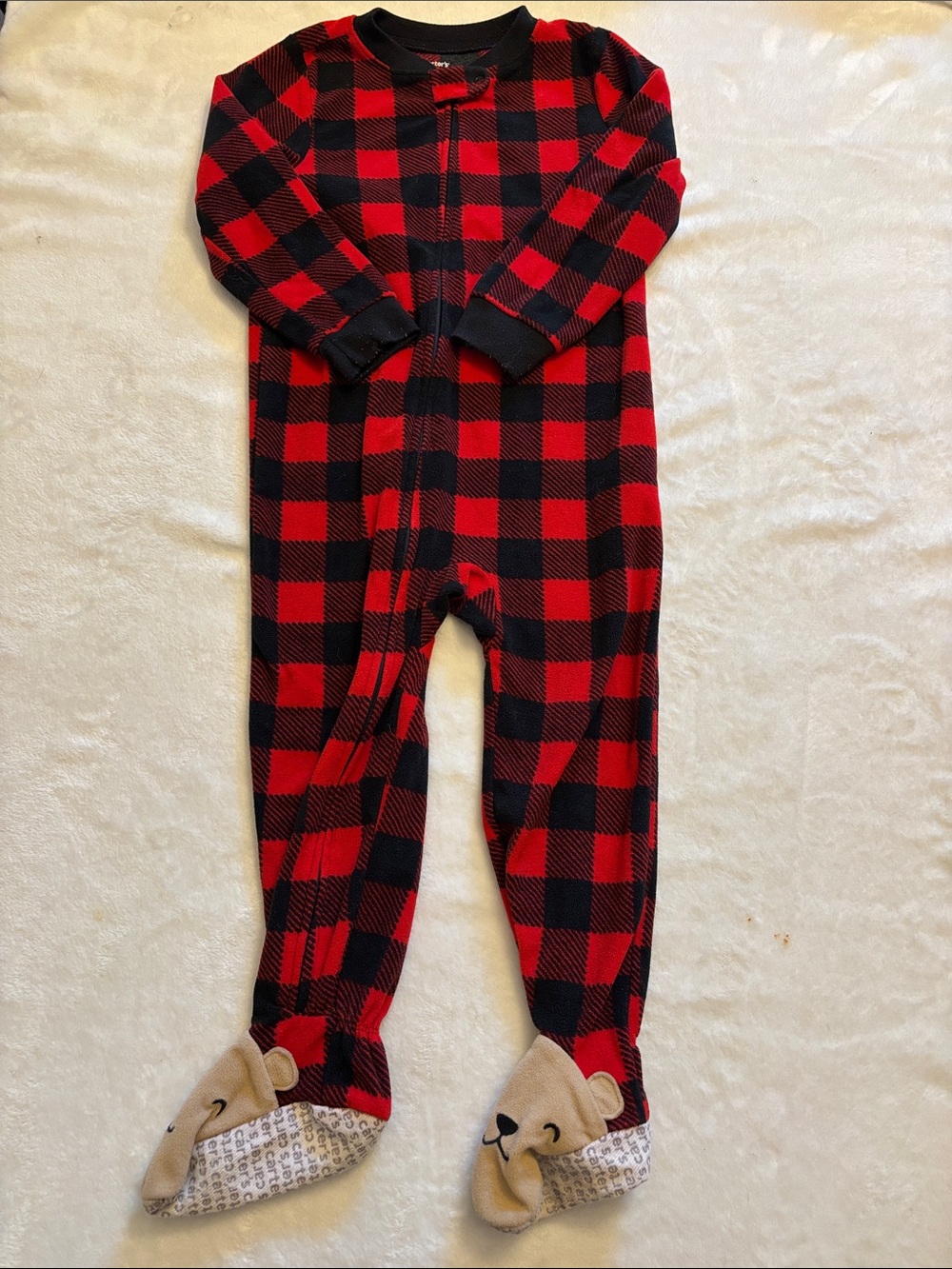 Kids 3T Red and Black Buffalo Plaid One-Piece Pajamas with Bear Feet